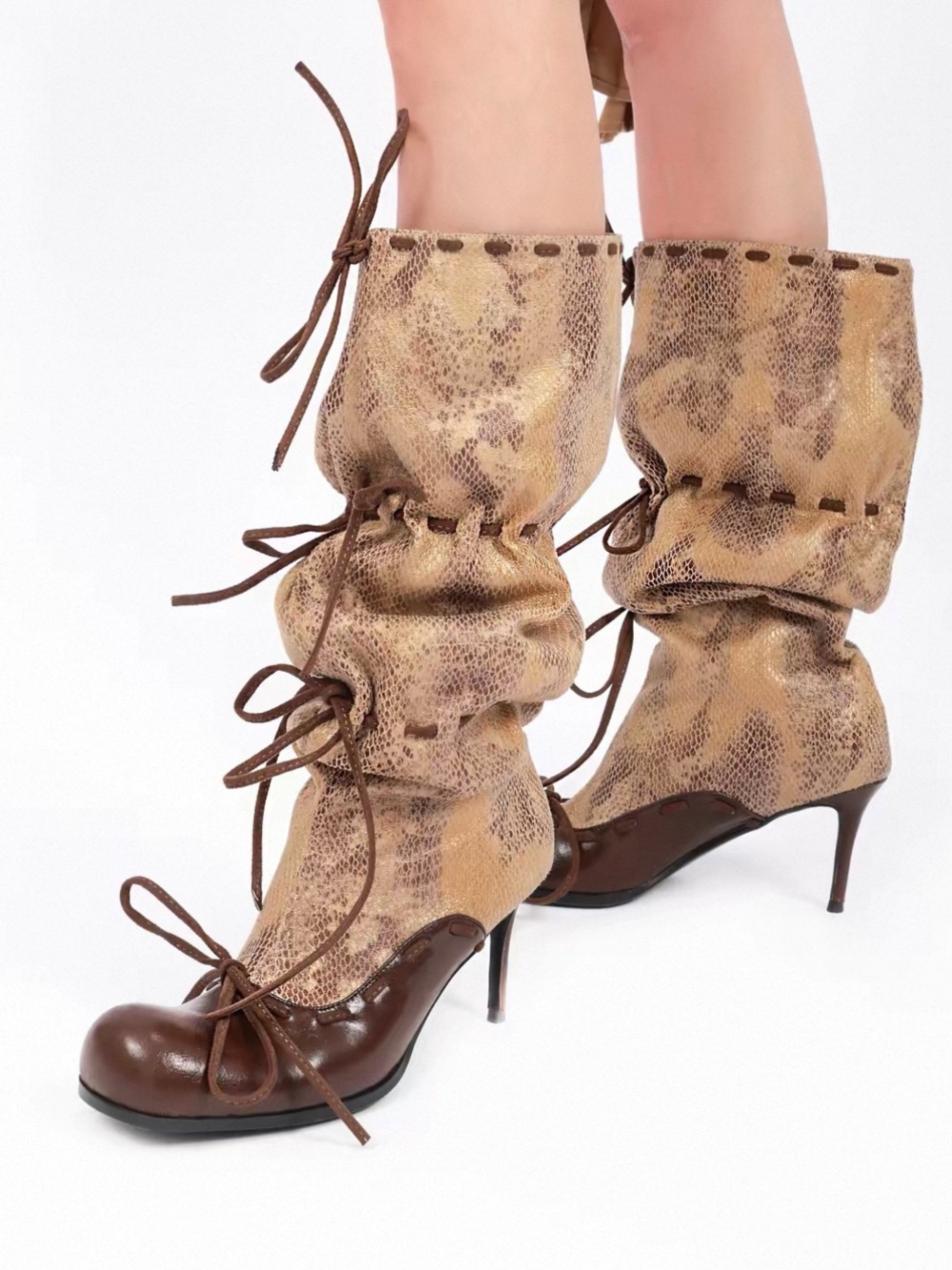 Snake-Print Lace-Up Women's Boots in Brown